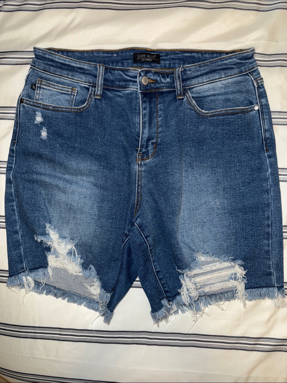 Judy Blue Distressed Mid-Blue High Rise Jean Shorts